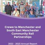 Cover image of annual report 2022 to 2023. Pictures of CRP members and Friends of Handforth Station with Eamonn Murphy